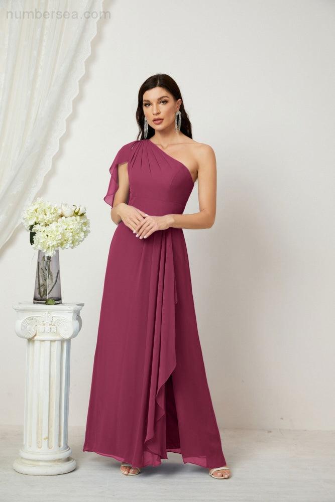Abito da Sera Formale A-line con Spalla Singola e Balze in Chiffon, Spacco Laterale, per Damigelle, Modello 2809