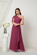 Abito da Sera Formale A-line con Spalla Singola e Balze in Chiffon, Spacco Laterale, per Damigelle, Modello 2809