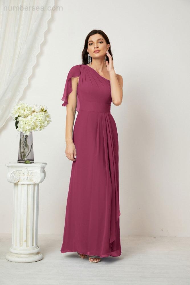 Abito da Sera Formale A-line con Spalla Singola e Balze in Chiffon, Spacco Laterale, per Damigelle, Modello 2809