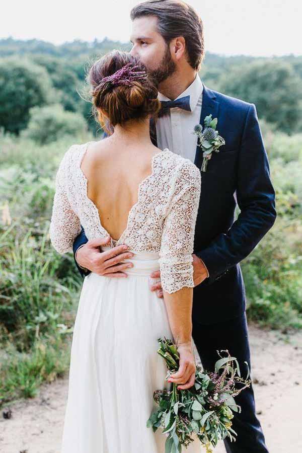 3/4 Sleeve See Through Backless Lace  Chiffon Wedding Dresses