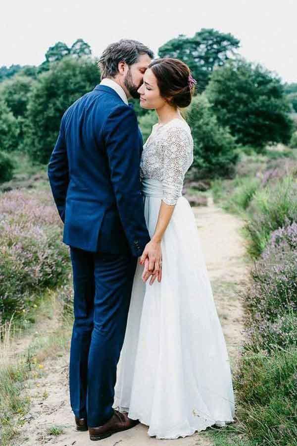 3/4 Sleeve See Through Backless Lace  Chiffon Wedding Dresses