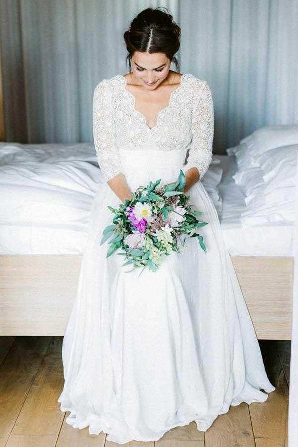 3/4 Sleeve See Through Backless Lace  Chiffon Wedding Dresses