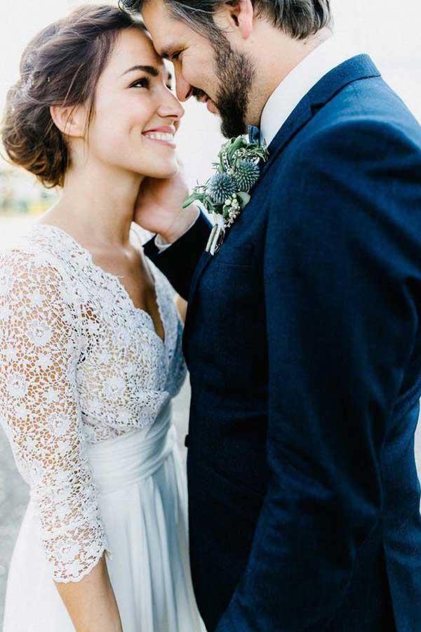 3/4 Sleeve See Through Backless Lace  Chiffon Wedding Dresses