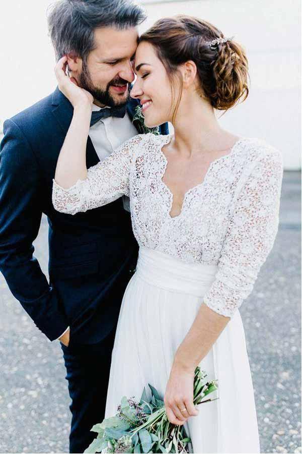 3/4 Sleeve See Through Backless Lace  Chiffon Wedding Dresses