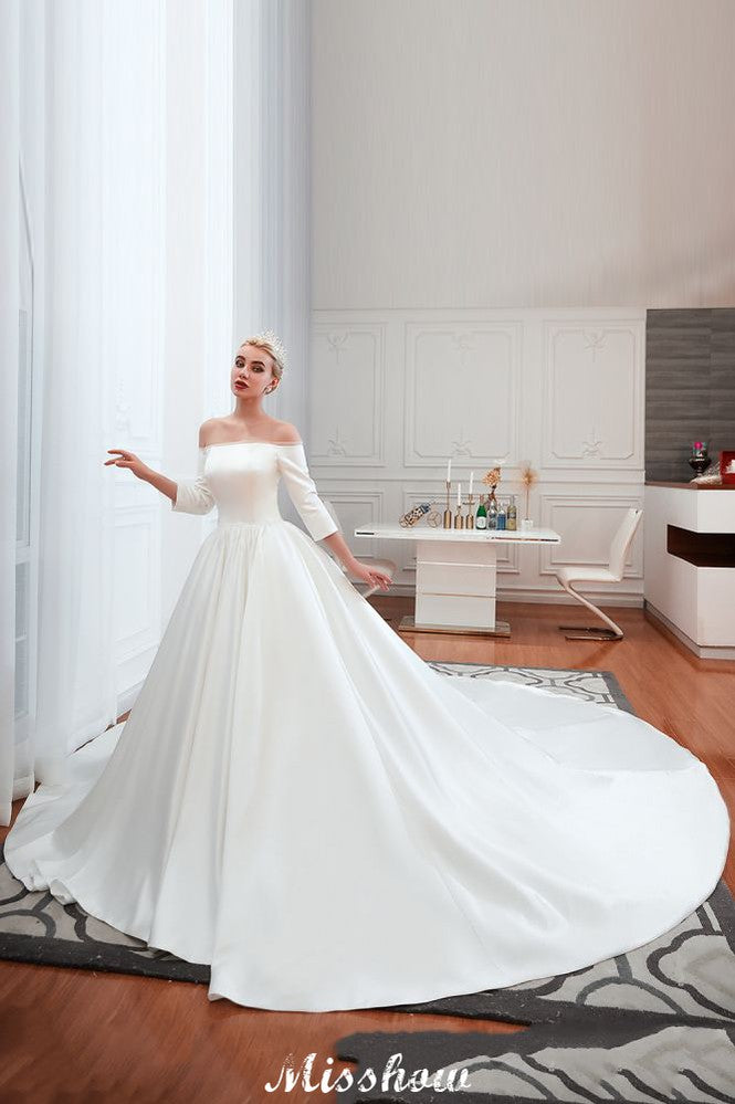 3/4 Sleeves Off-the-Shoulder Ball Gown White Aline Wedding Dress