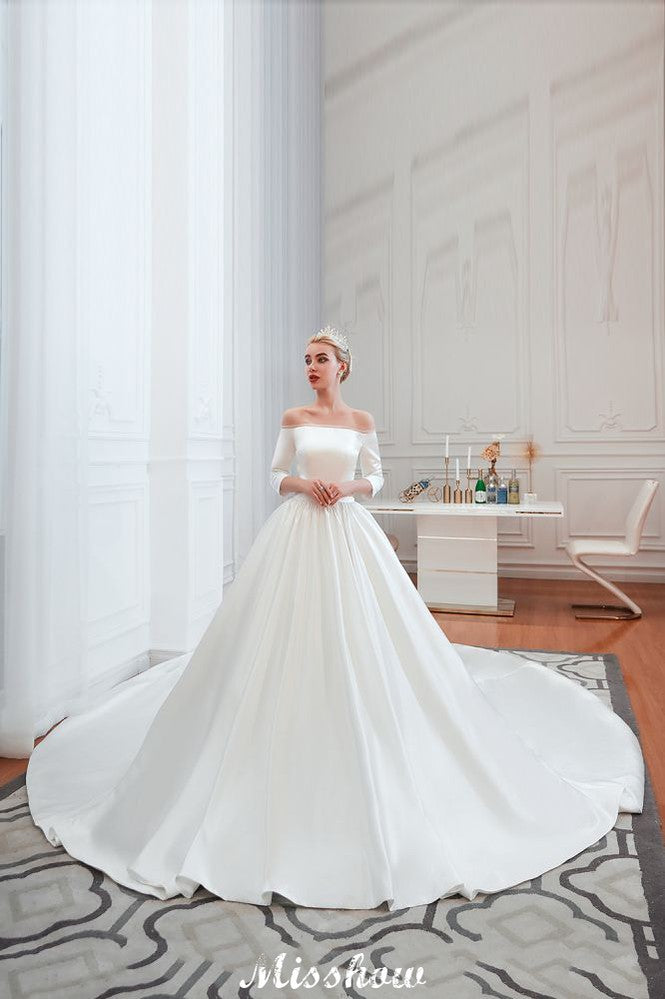 3/4 Sleeves Off-the-Shoulder Ball Gown White Aline Wedding Dress