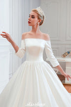 3/4 Sleeves Off-the-Shoulder Ball Gown White Aline Wedding Dress