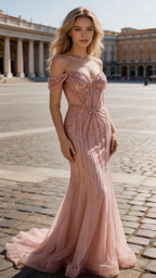 Robe de soirée sirène corset bustier à épaules dénudées en perles rose blush avec traîne