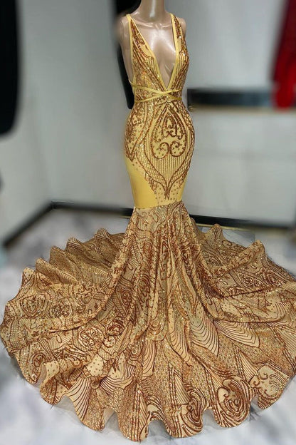 Off The Shoulder Sleeveless Dark Gold Sequins Prom Dress with Appliques V Neck