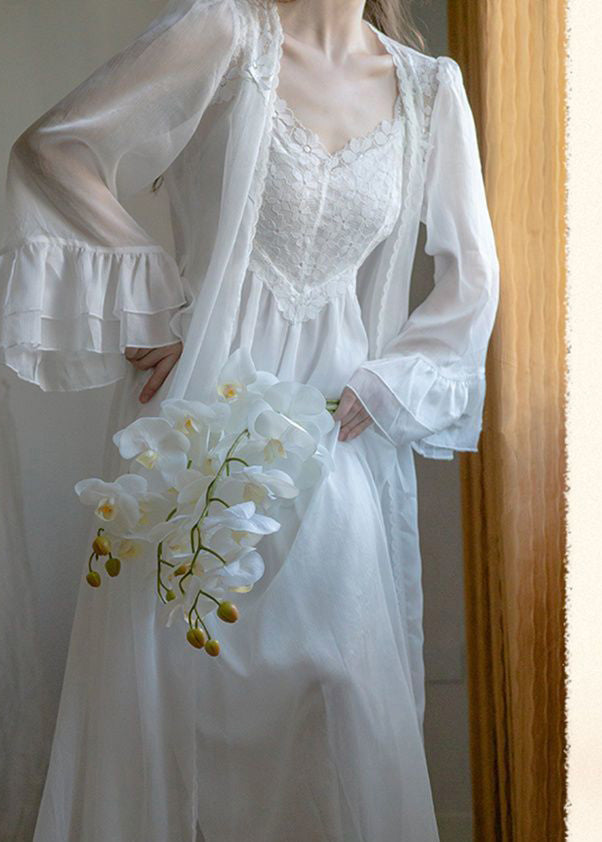 Conjunto de dos piezas de cárdigan y vestido lencero de gasa con cuello en V blanco bordado con flores para verano 