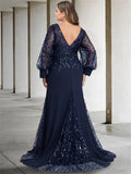 Plus Size Floor Length Mermaid Dress For Mother Of Bride With Sequined Sleeves