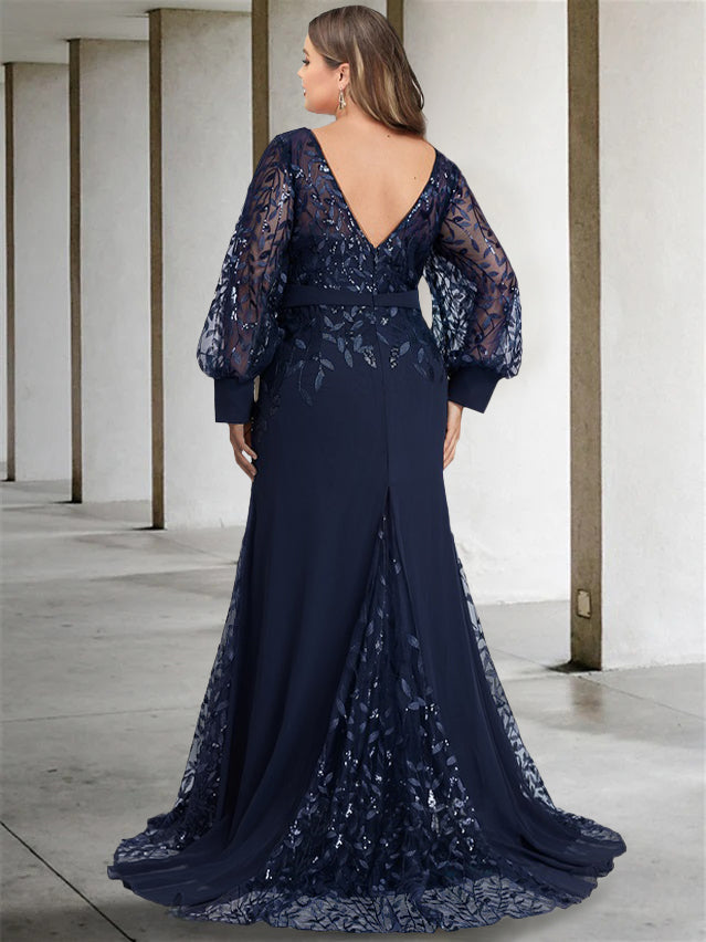 Plus Size Floor Length Mermaid Dress For Mother Of Bride With Sequined Sleeves