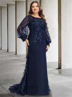 Sequined Floor Length Mother of the Bride Dress With Scoop Neck and Long Sleeves
