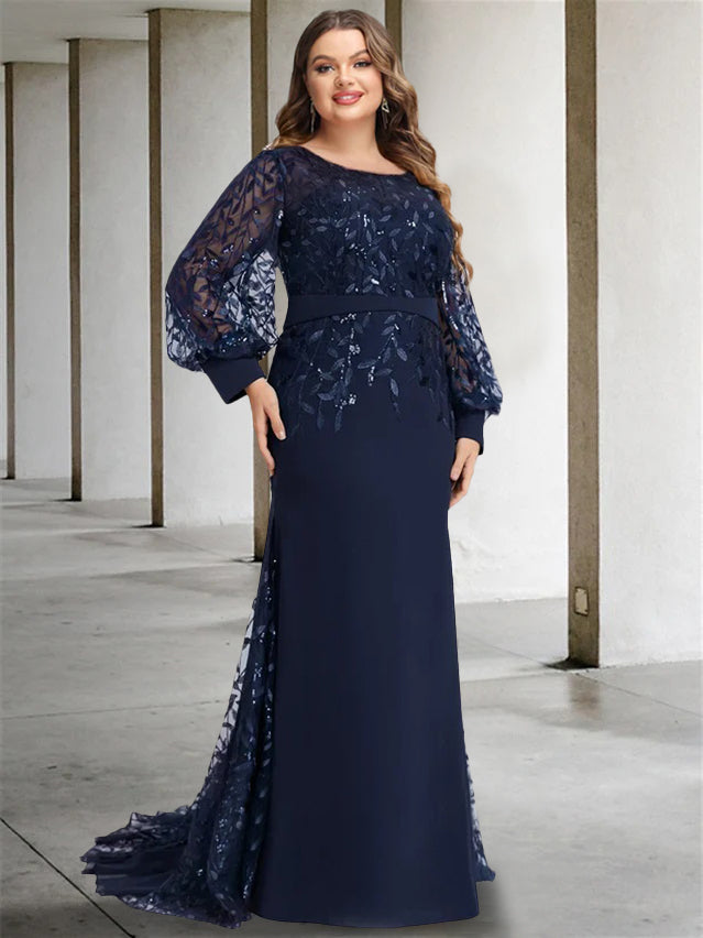 Sequined Floor Length Mother of the Bride Dress With Scoop Neck and Long Sleeves