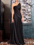 One Shoulder Sleeveless Floor Length Mother of the Bride Dress with Crystal Pleats and Draping