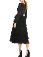 Sequin Tiered Tea Length Dress for Mother of the Bride Jewel Neckline Sleeves
