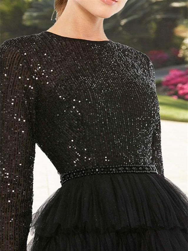 Sequin Tiered Tea Length Dress for Mother of the Bride Jewel Neckline Sleeves