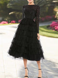 Sequin Tiered Tea Length Dress for Mother of the Bride Jewel Neckline Sleeves
