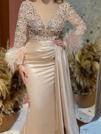 Trumpet Mermaid V Neck Satin Mother Of The Bride With Feather Ruched Sleeves