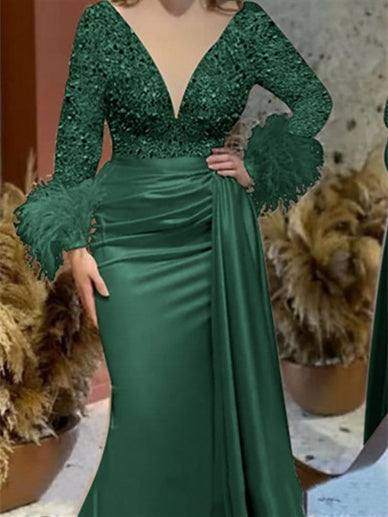 Trumpet Mermaid V Neck Satin Mother Of The Bride With Feather Ruched Sleeves