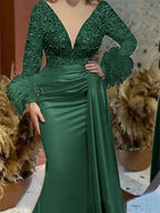Trumpet Mermaid V Neck Satin Mother Of The Bride With Feather Ruched Sleeves