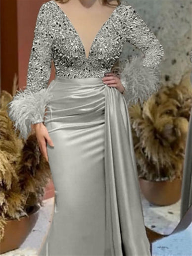 Trumpet Mermaid V Neck Satin Mother Of The Bride With Feather Ruched Sleeves