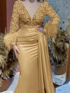 Trumpet Mermaid V Neck Satin Mother Of The Bride With Feather Ruched Sleeves