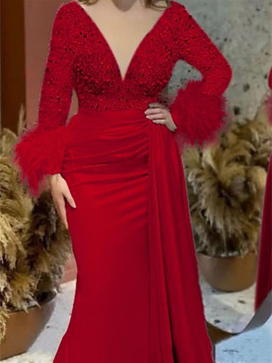 Trumpet Mermaid V Neck Satin Mother Of The Bride With Feather Ruched Sleeves