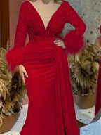 Trumpet Mermaid V Neck Satin Mother Of The Bride With Feather Ruched Sleeves