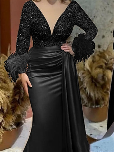 Trumpet Mermaid V Neck Satin Mother Of The Bride With Feather Ruched Sleeves