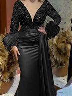Trumpet Mermaid V Neck Satin Mother Of The Bride With Feather Ruched Sleeves