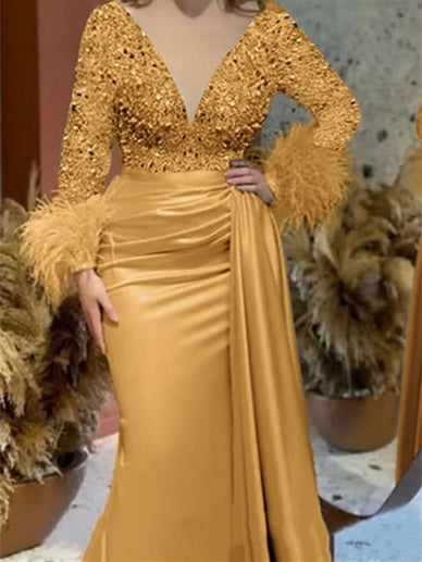 Trumpet Mermaid V Neck Satin Mother Of The Bride With Feather Ruched Sleeves