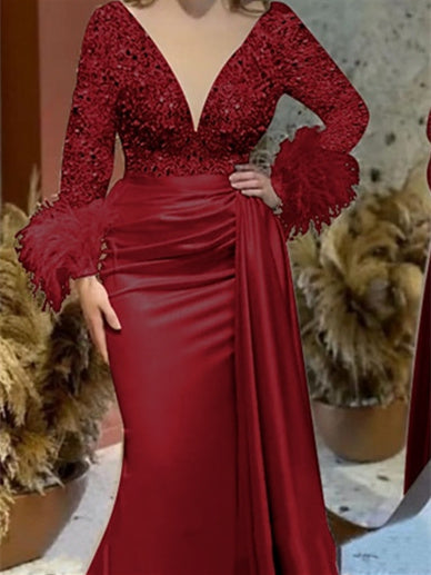 Trumpet Mermaid V Neck Satin Mother Of The Bride With Feather Ruched Sleeves