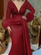 Trumpet Mermaid V Neck Satin Mother Of The Bride With Feather Ruched Sleeves