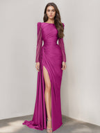 Long Sleeve Satin Prom Dress With Mermaid Train Jewel Neck Ruched Slit