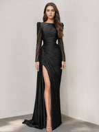Long Sleeve Satin Prom Dress With Mermaid Train Jewel Neck Ruched Slit