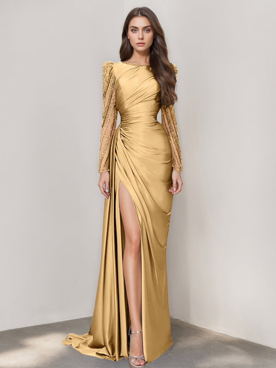 Long Sleeve Satin Prom Dress With Mermaid Train Jewel Neck Ruched Slit