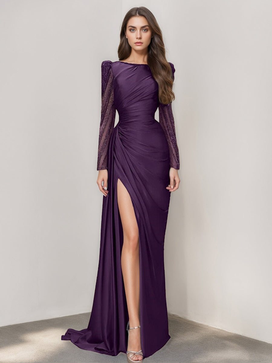 Long Sleeve Satin Prom Dress With Mermaid Train Jewel Neck Ruched Slit