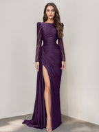 Long Sleeve Satin Prom Dress With Mermaid Train Jewel Neck Ruched Slit