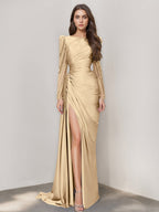Long Sleeve Satin Prom Dress With Mermaid Train Jewel Neck Ruched Slit