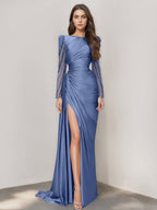 Long Sleeve Satin Prom Dress With Mermaid Train Jewel Neck Ruched Slit