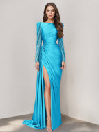 Long Sleeve Satin Prom Dress With Mermaid Train Jewel Neck Ruched Slit