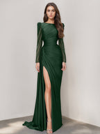 Long Sleeve Satin Prom Dress With Mermaid Train Jewel Neck Ruched Slit