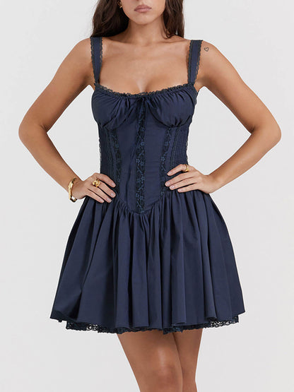 Französisches marineblaues Korsett-Minikleid 