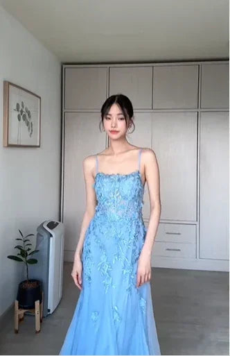 Vestido de Noite Sereia Comprido com Aplicações de Tule Azul Elegante Vestido de Baile Y8156