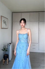 Vestido de Noite Sereia Comprido com Aplicações de Tule Azul Elegante Vestido de Baile Y8156
