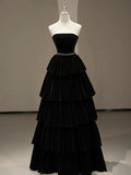 Chic Black A-line Layered Evening Dress Black Strapless Evening Gown Y4378