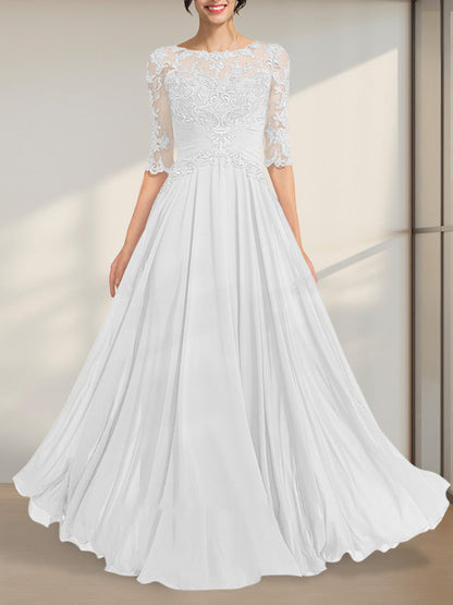 A-Linie, U-Ausschnitt, Illusion, bodenlanges Chiffon-Spitzenkleid für die Brautmutter mit plissierten Pailletten