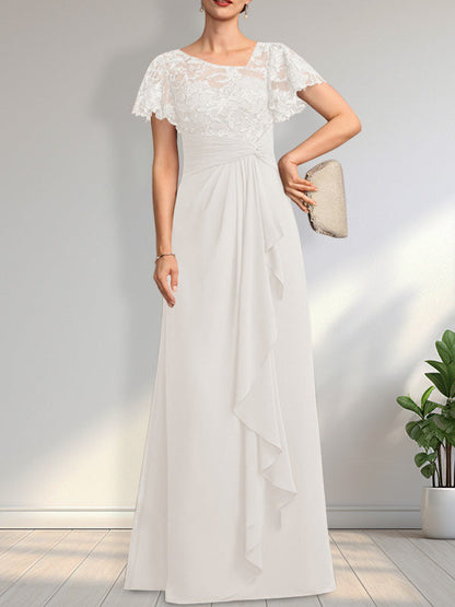 Vestido de madre de la novia de gasa con encaje, ilusión asimétrica, largo hasta el suelo, con volantes en cascada y lentejuelas. 