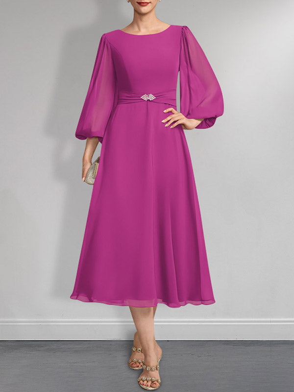 A-Linie U-Ausschnitt Wadenlang Chiffon Mutter der Braut Kleid Mit Kristall Brosche Plissee